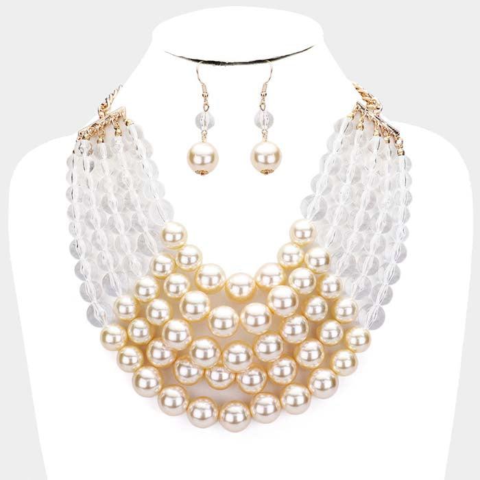 Pearl Cream Chunky Multi Strand Bib Necklace