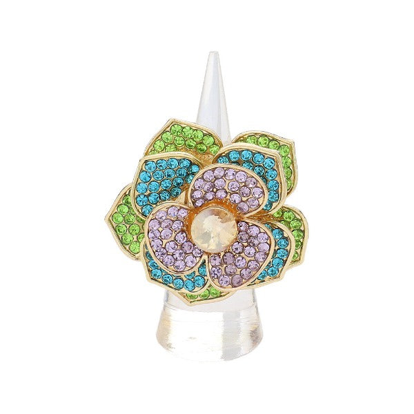 Round Stone Centered Rhinestone Paved Flower Stretch Ring