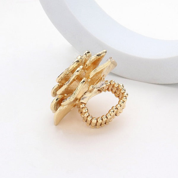 Round Stone Centered Rhinestone Paved Flower Stretch Ring