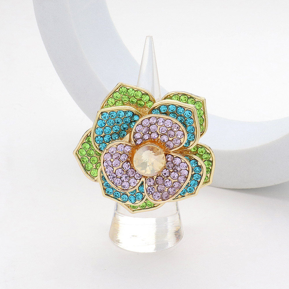 Flower Stone Centered Rhinestone Paved Flower Stretch Ring