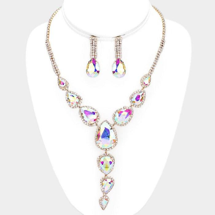 Abalone Teardrop Crystal Rhinestone Collar Drop Necklace Set Sparkle Armand