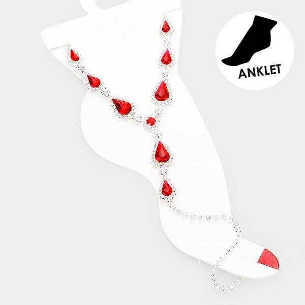 Anklet Crystal Rhinestone Pave Toe Ring - Red