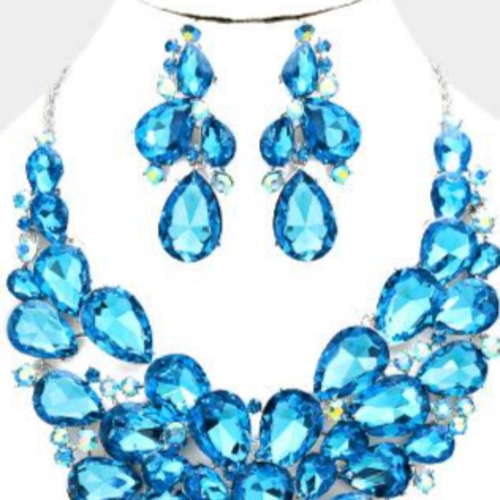 Aqua Blue Crystal Teardrop Cluster Vine Evening Necklace Set