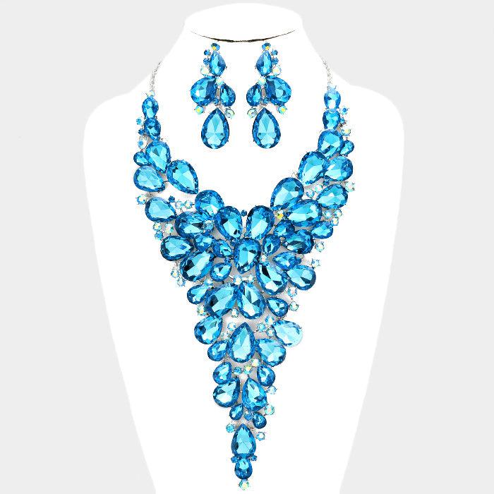 Crystal Teardrop Aqua Blue Cluster Vine Necklace Set