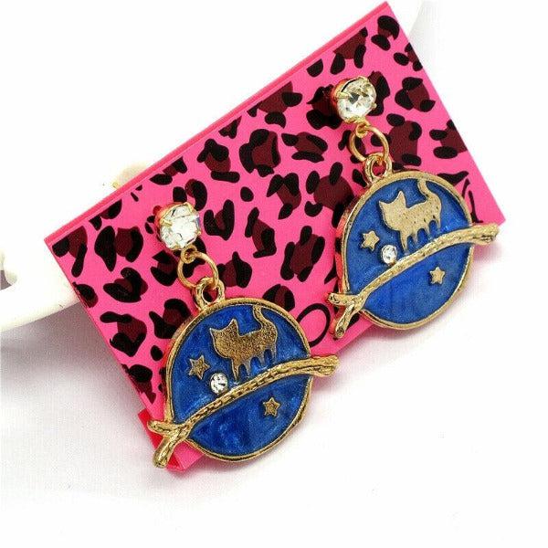 Betsey Johnson Cat on Twig Rhinestone Navy Blue & Gold Earrings-Earring-SPARKLE ARMAND