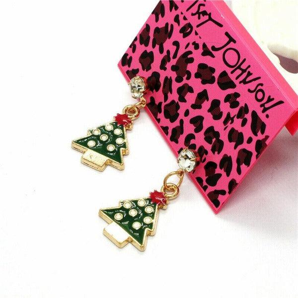 Betsey Johnson Christmas Tree Green Enamel  Rhinestone Earrings