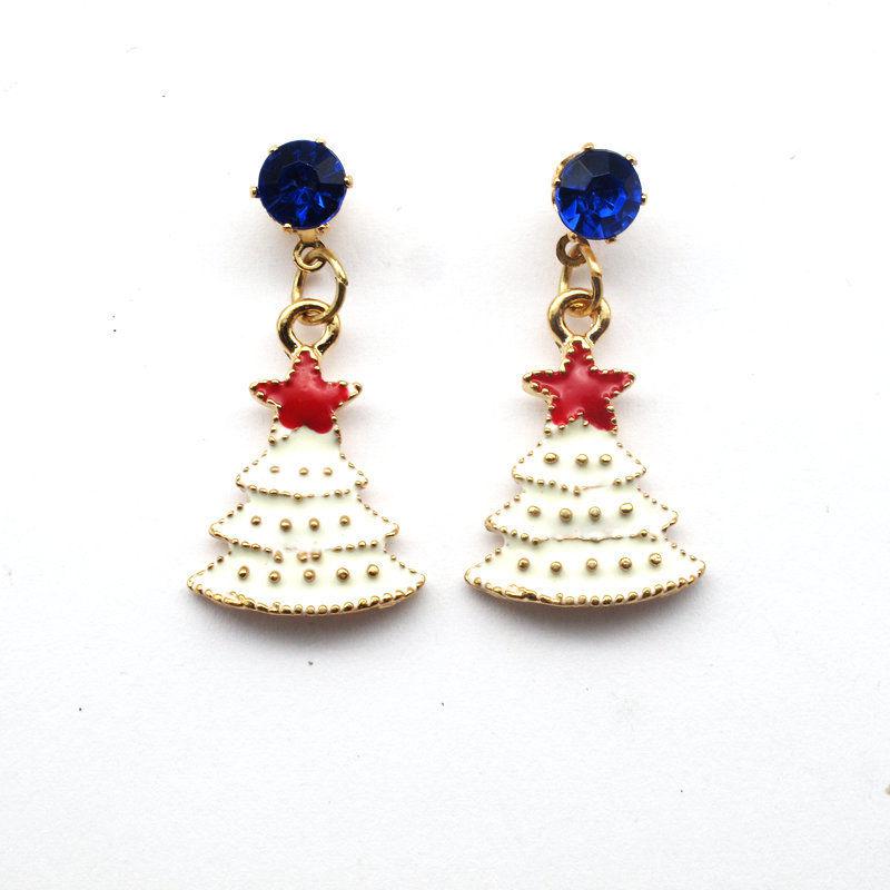 Betsey Johnson Christmas Tree White Enamel Blue Crystal Rhinestone Earrings