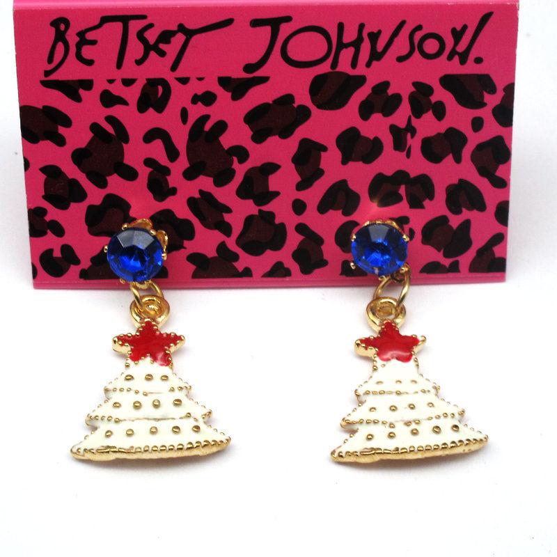 Betsey Johnson Christmas Tree White Enamel Blue Crystal Rhinestone Earrings