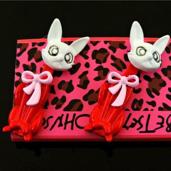 Betsey Johnson Crazy Cat Red & White With Moveable Body Earrings-Earring-SPARKLE ARMAND