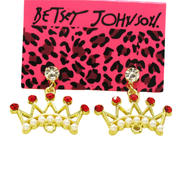 Betsey Johnson Crown Red Rhinestone Gold Dangle Earring-Earring-SPARKLE ARMAND