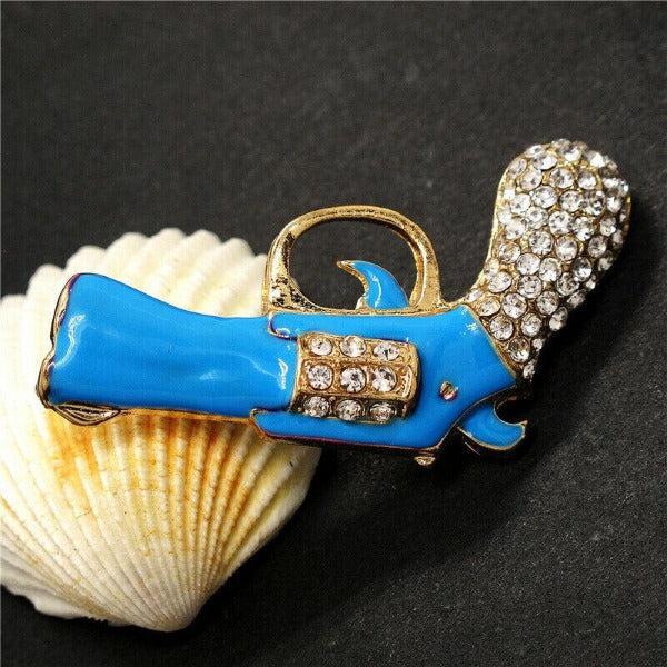 Betsey Johnson Gun Revolver Blue Enamel Rhinestone Brooch Pin-Brooch-SPARKLE ARMAND