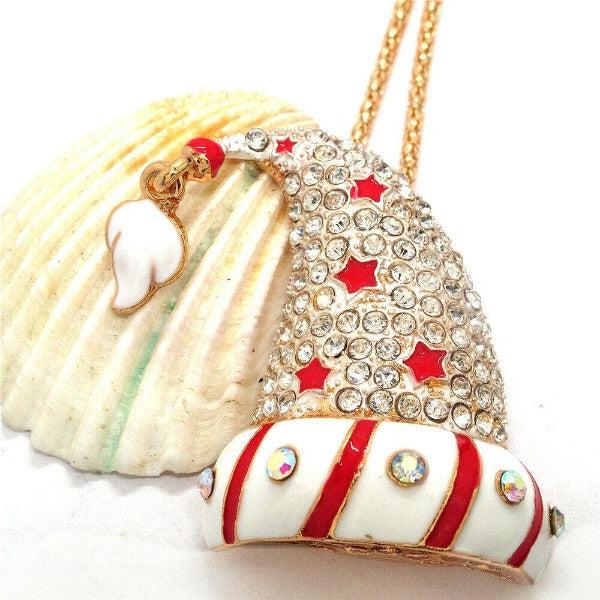 Betsey Johnson Red & White Crystal Inlay Magic Santa Hat Enamel Gold Necklace