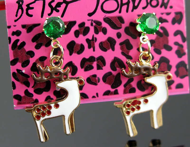 Betsey Johnson Reindeer Enamel Deer Green Rhinestone Stud Earrings