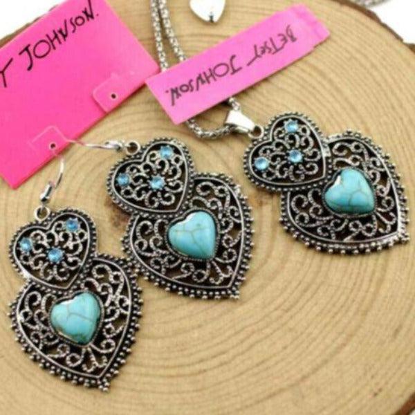 Betsey Johnson Turquoise (faux) Heart Pendant Necklace & Earrings-Necklace-SPARKLE ARMAND