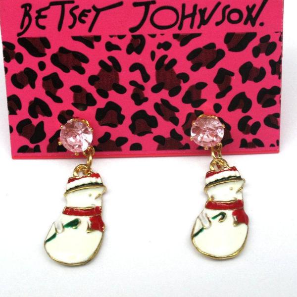 Betsey Johnson White Enamel Snowman Pink Rhinestone Earrings