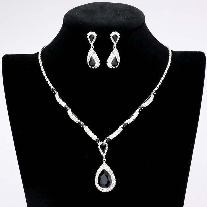 Black Teardrop Stone Accented Rhinestone Necklace Set