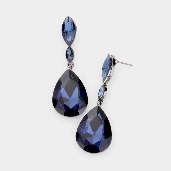 Blue Double Crystal Teardrop Drop Evening Earrings by Miro Crystal Collection