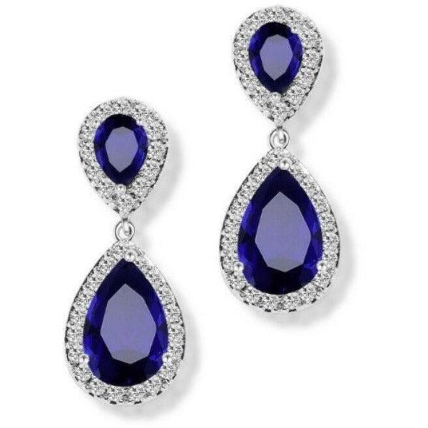 Blue & White Crystal Rhinestone Silver Teardrop Dangle Earrings-Earring-SPARKLE ARMAND