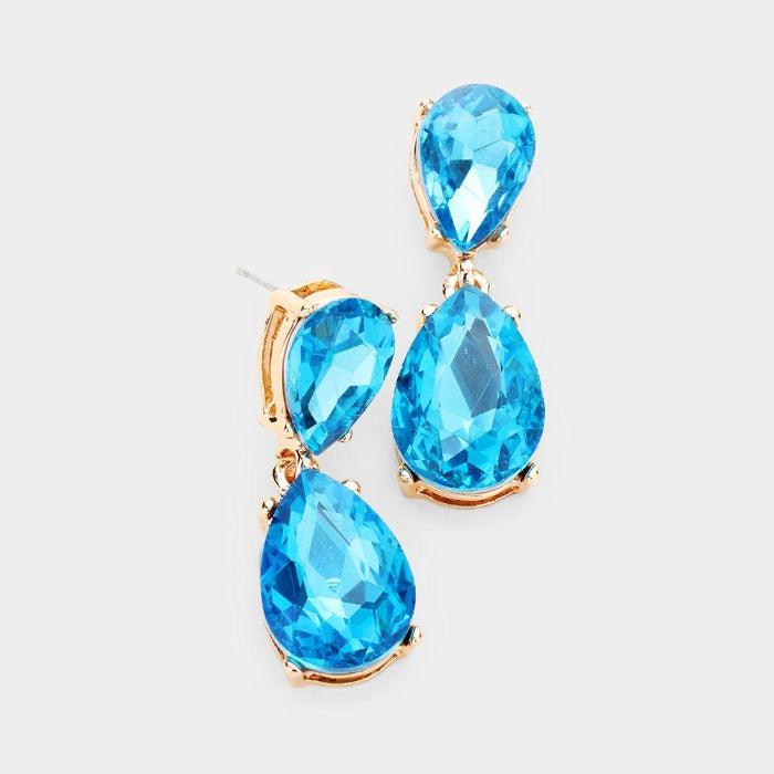 Blue Zircon Crystal Double Teardrop Earrings