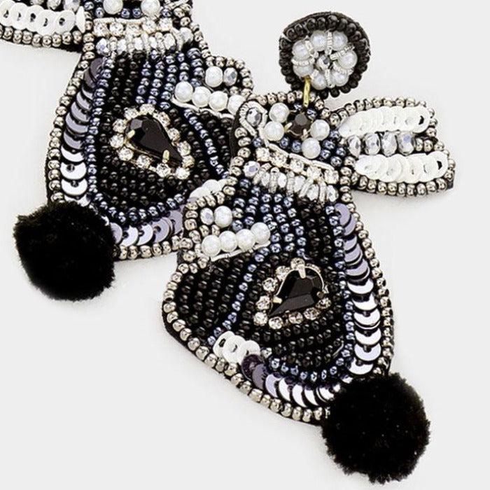 Bunny Pom Poms Black Seed Bead Earrings