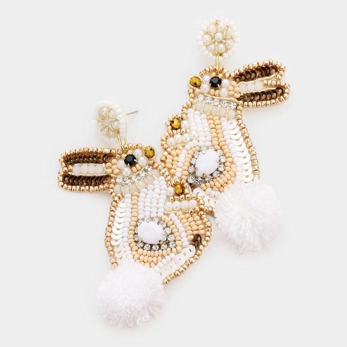 Bunny Pom Poms Seed Bead Beige Earrings-Earring-SPARKLE ARMAND