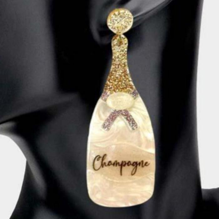 Champagne Bottle White Glittered Acetate Dangle Earrings