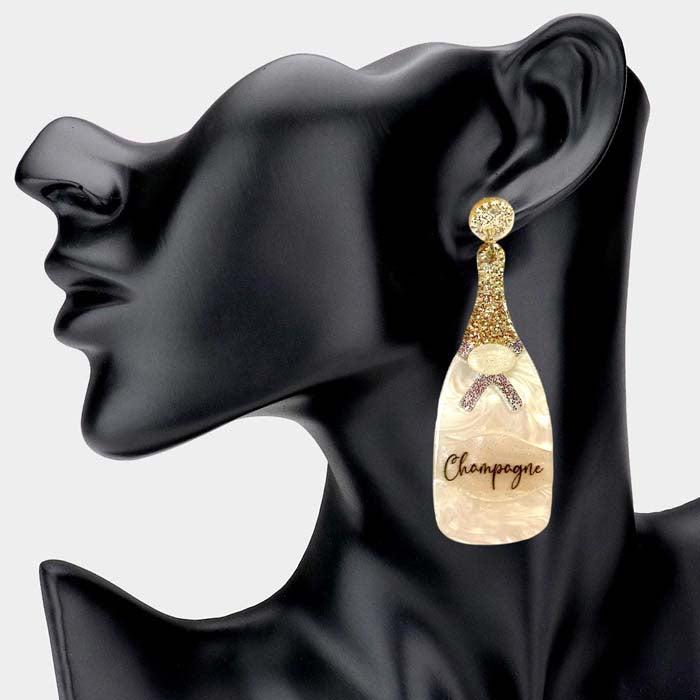 Champagne Bottle White Glittered Acetate Dangle Earrings