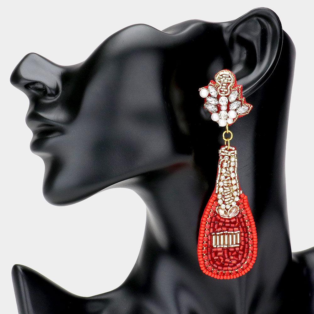 Champagne Bottle Red Seed Bead Earrings Sparkle Armand