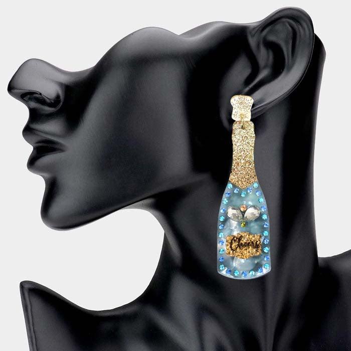 Champagne Bottle Rhinestone Blue Acetate Dangle Earrings