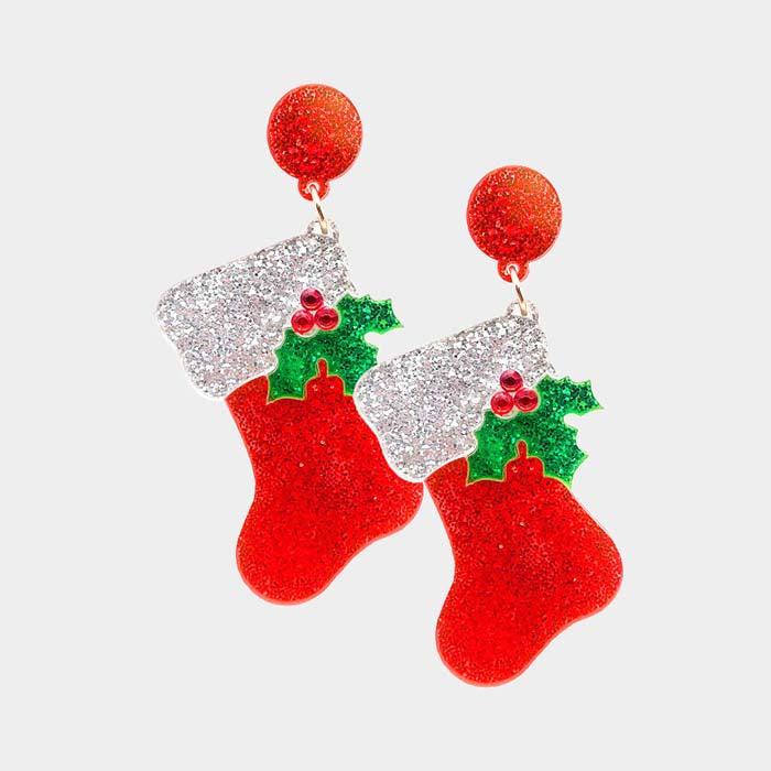 Christmas Stockings Glittered Dangle Earrings Sparkle Armand