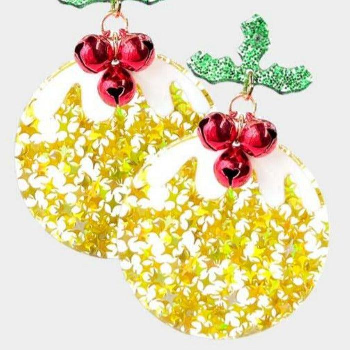 Christmas Tree Gold Ornament Glitter Resin Earrings