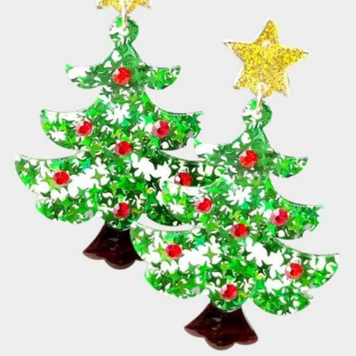 Christmas Tree Gold Star Glitter Resin Earrings