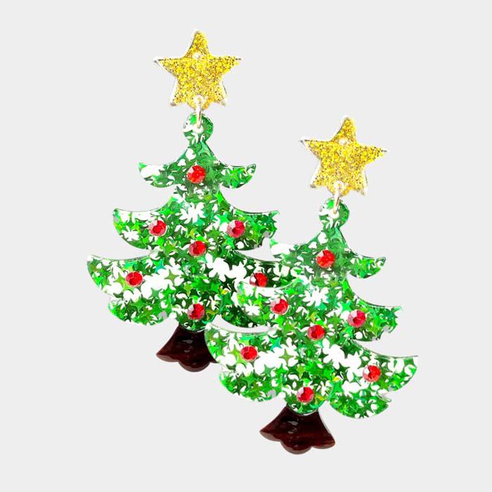 Christmas Tree Gold Star Glitter Resin Earrings