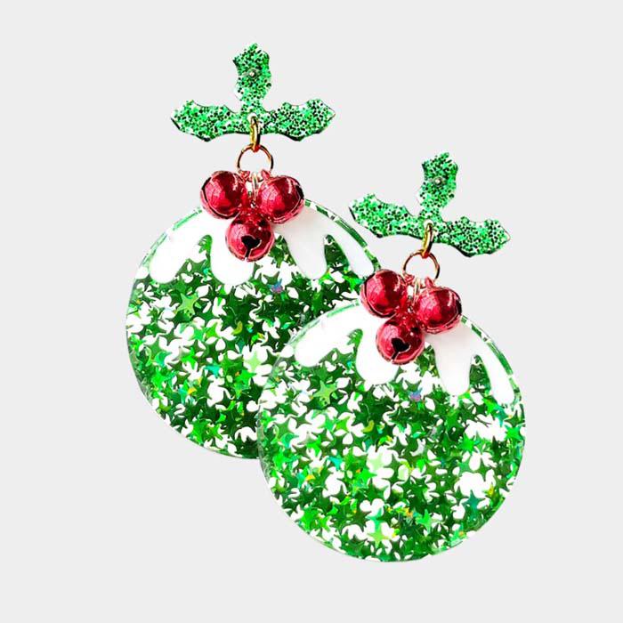 Christmas Tree Green Ornament Glitter Resin Earrings