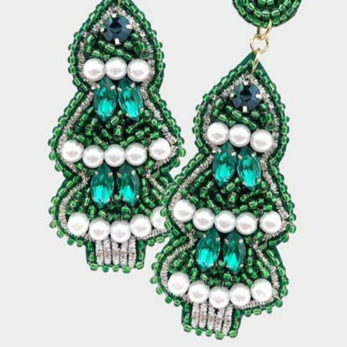 Christmas Tree Pearl Multi Beaded Dangle Earrings Sparkle Armand