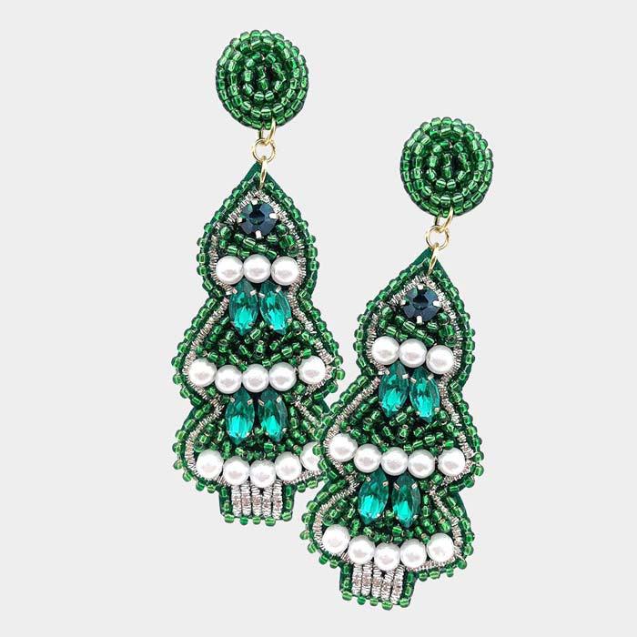 Christmas Tree Pearl Multi Beaded Dangle Earrings Sparkle Armand