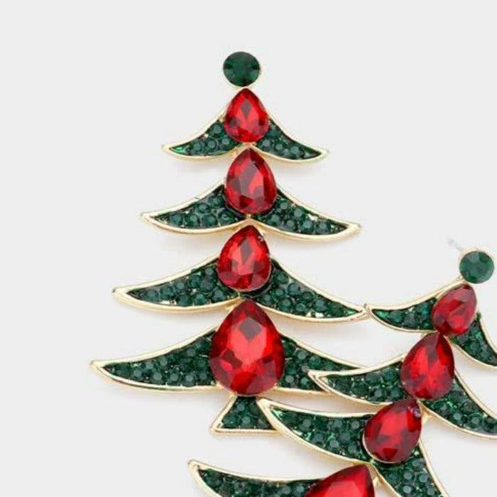 Teardrop Stone Accented Metal Christmas Tree Dangle Earrings