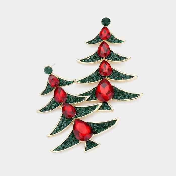 Teardrop Stone Accented Metal Christmas Tree Dangle Earrings