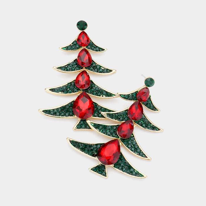 Teardrop Stone Accented Metal Christmas Tree Dangle Earrings