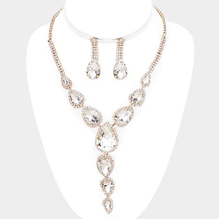 Clear Crystal Teardrop Pageant Necklace Set on Gold