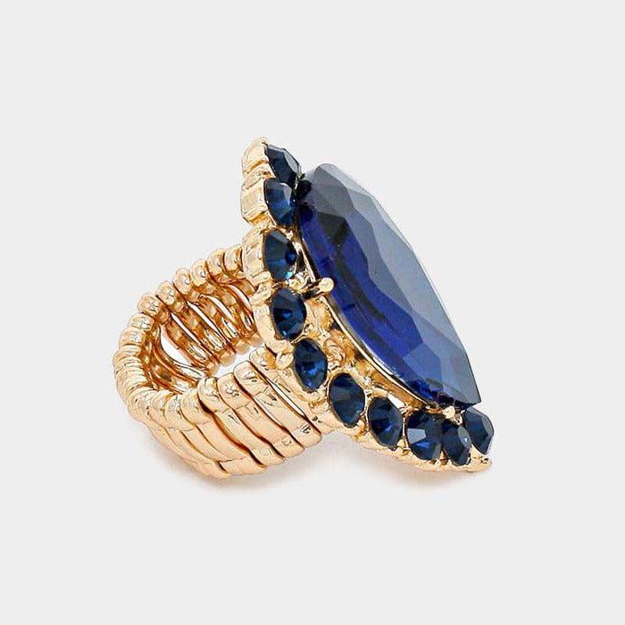 Crystal Navy Blue Teardrop Stretch Gold Cocktail Ring