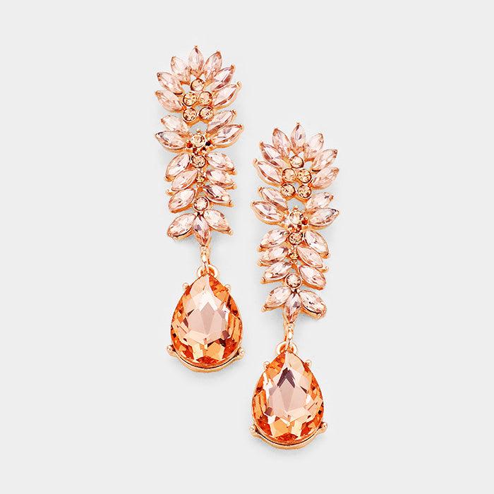 Crystal Peach Cluster Teardrop Evening Earrings