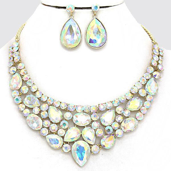 Clear Crystal Teardrop Pageant Necklace Set on Gold | Prom Necklace Set |  261429