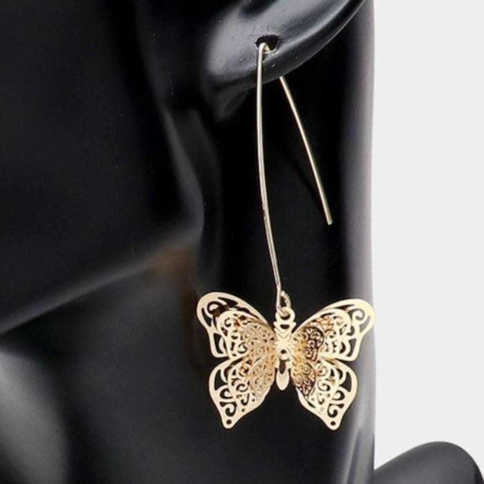 Filigree Metal Butterfly Long Fish Hook Earrings-Earring-SPARKLE ARMAND