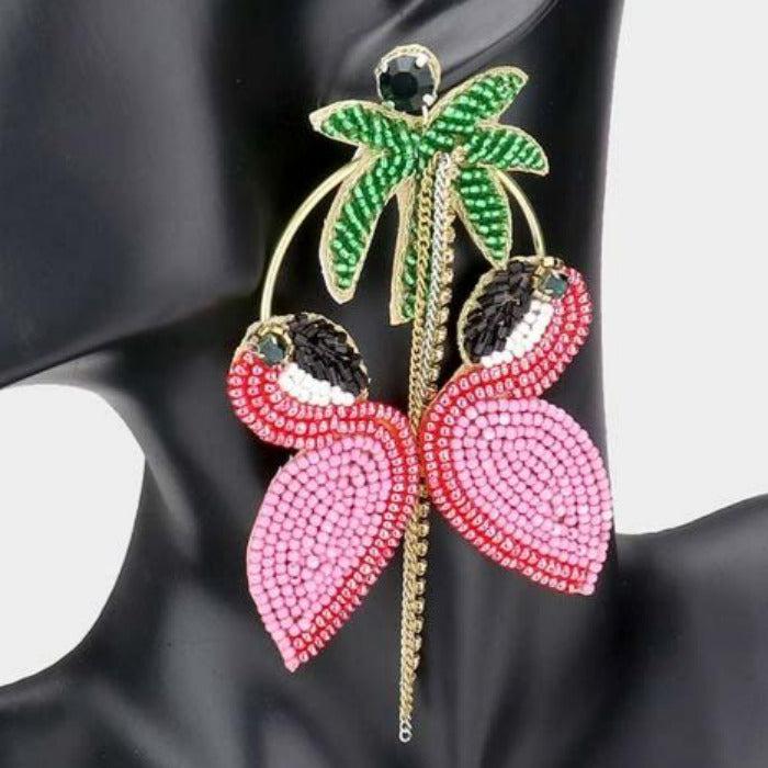 Flamingo Palm Tree Dangle Earrings 