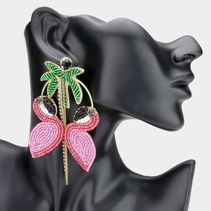 Flamingo Palm Tree Dangle Earrings 