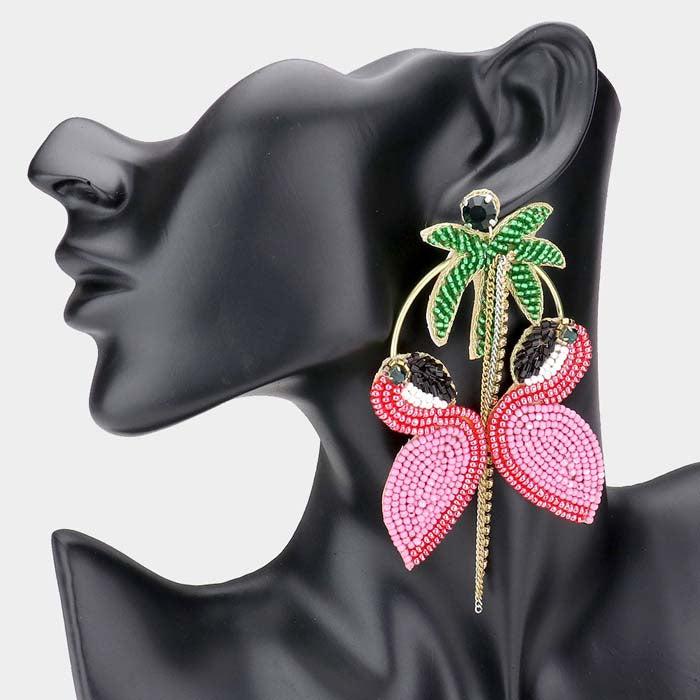 Flamingo Palm Tree Dangle Earrings 