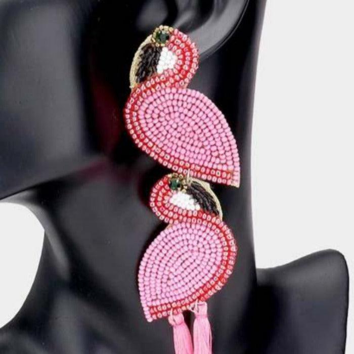 Flamingo Pink Seed Beaded Tassel Dangle Earrings Sparkle Armand