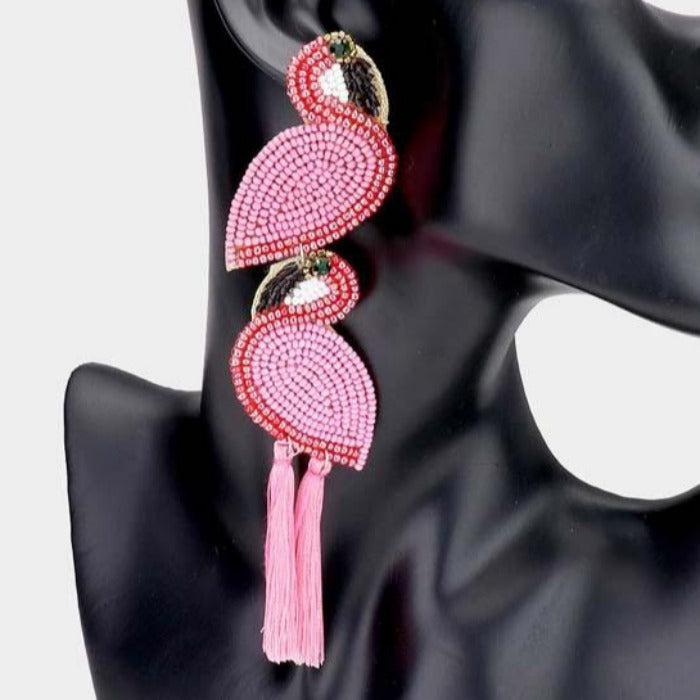 Flamingo Pink Seed Beaded Tassel Dangle Earrings Sparkle Armand