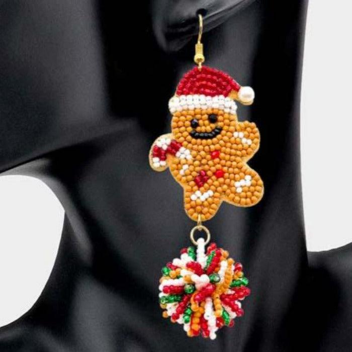 Gingerbread Man Seed Beaded Ball Dangle Earrings